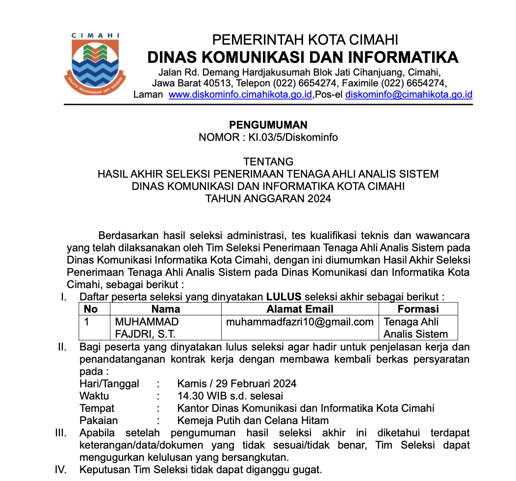 Hasil Akhir Seleksi Penerimaan Tenaga Ahli Analis Sistem Dinas Komunikasi dan Informatika Kota Cimahi Tahun Anggaran 2024