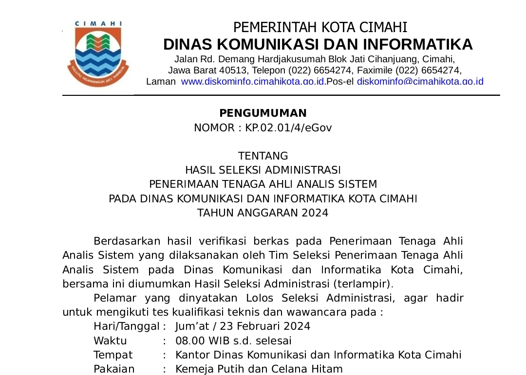 Hasil Seleksi Administrasi Penerimaan Tenaga Ahli Analis Sistem Pada Dinas Komunikasi dan Informatika Kota Cimahi Tahun Anggaran 2024